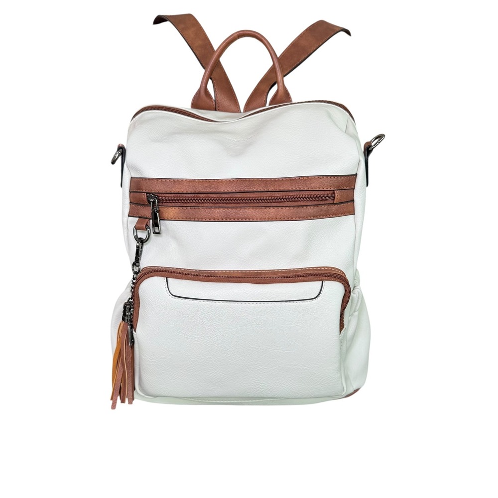 Convertible Backpack Shoulder Bag‎ Satchel Purse White Brown Vegan Leather